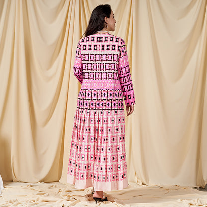 Sweet Round Neck Printing Pleated Regular Sleeve Long Dresses