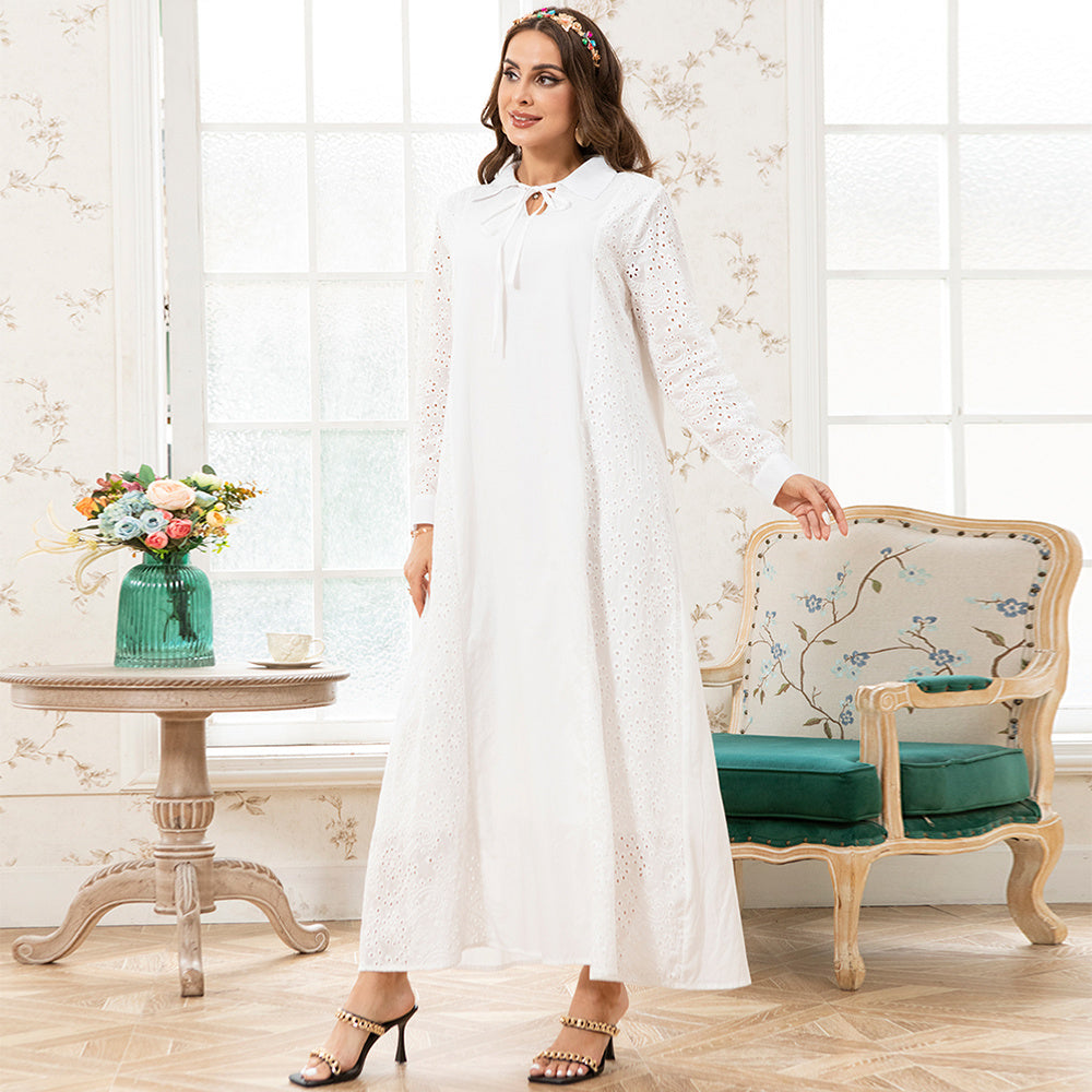 Holiday Style Lapel Solid Color Flowers Embroidery Lining Shirt Sleeve Long Dresses White