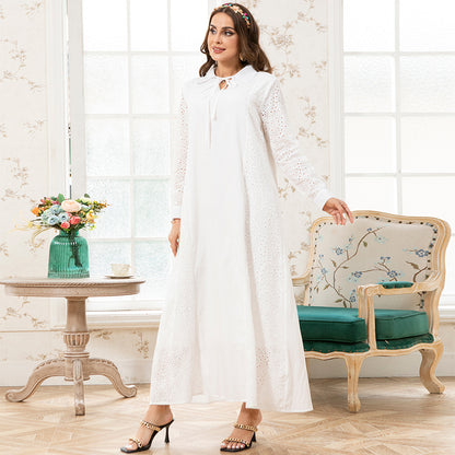 Holiday Style Lapel Solid Color Flowers Embroidery Lining Shirt Sleeve Long Dresses White