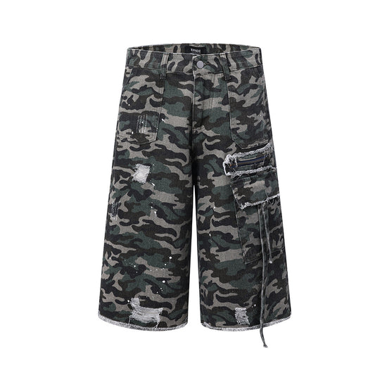 Retro Washed Damaged Camouflage Denim Shorts