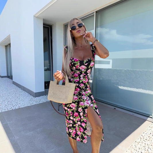 French Flower Sleeveless Split Women's Dress