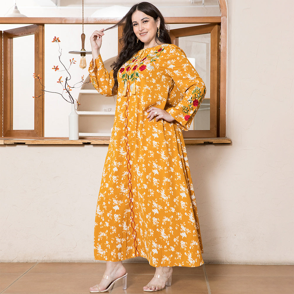 Sweet Round Neck Flowers Plant Embroidery Bandage Regular Sleeve Plus Size Dresses