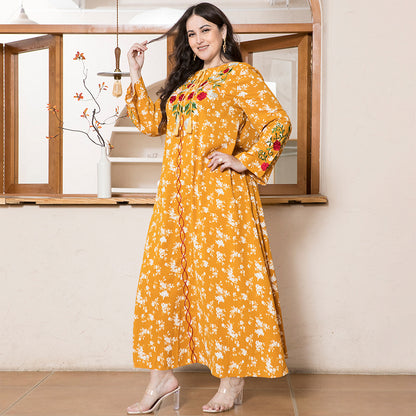 Sweet Round Neck Flowers Plant Embroidery Bandage Regular Sleeve Plus Size Dresses