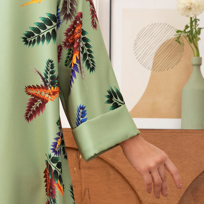 Elegant Style Holiday Style Round Neck Flowers Plant Bead Rhinestone Regular Sleeve Kaftan Light Green