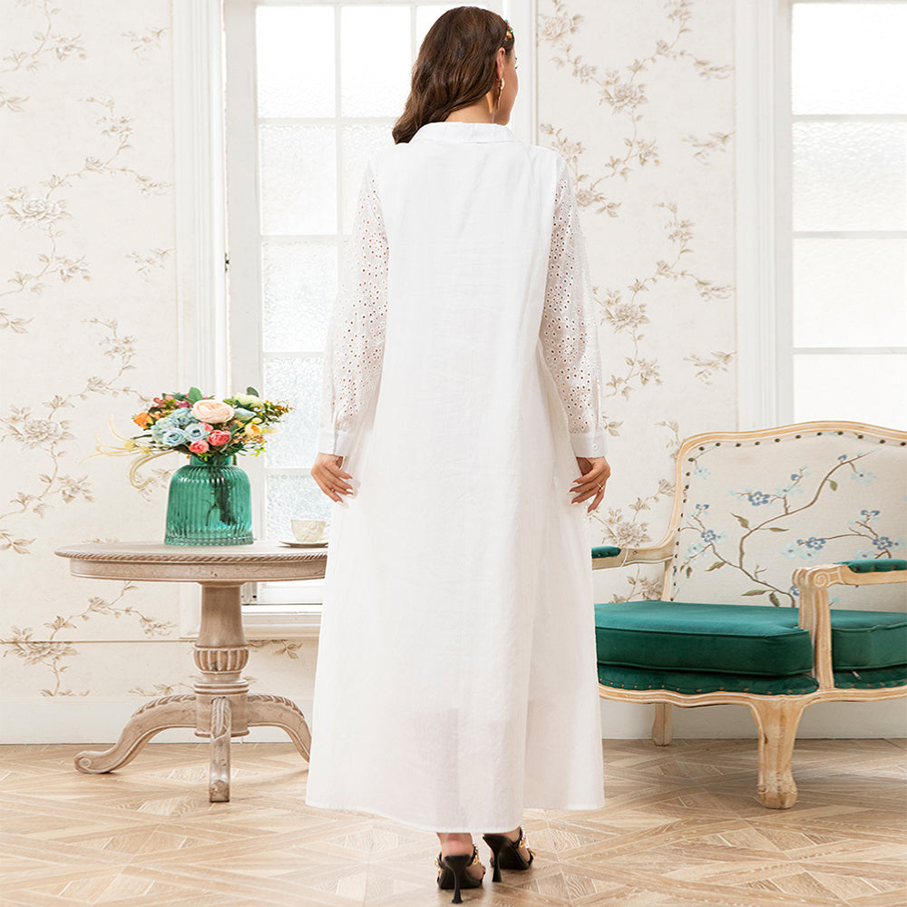 Holiday Style Lapel Solid Color Flowers Embroidery Lining Shirt Sleeve Long Dresses White