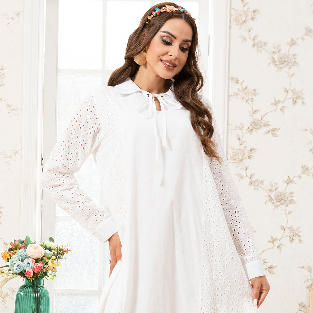Holiday Style Lapel Solid Color Flowers Embroidery Lining Shirt Sleeve Long Dresses White
