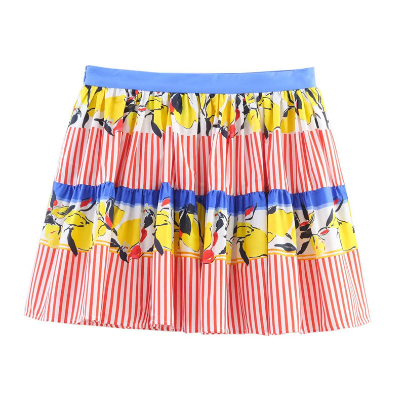 New Summer Contrast Color Lemon Printing Skirt