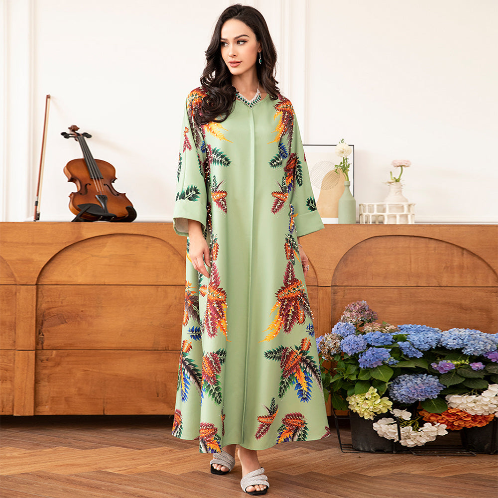 Elegant Style Holiday Style Round Neck Flowers Plant Bead Rhinestone Regular Sleeve Kaftan Light Green