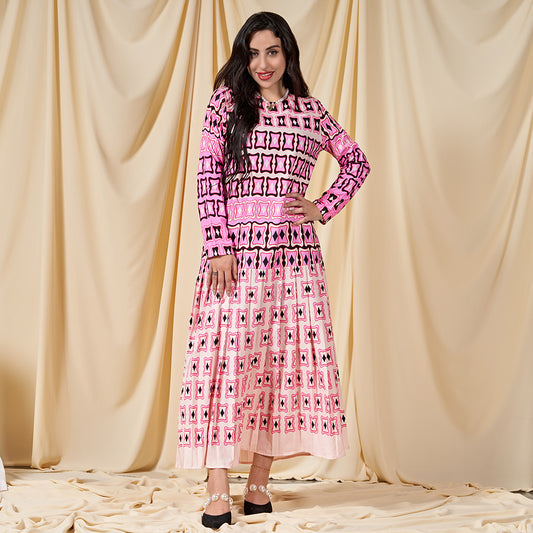Sweet Round Neck Printing Pleated Regular Sleeve Long Dresses