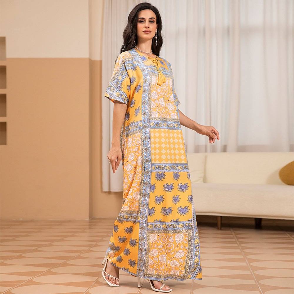 Sweet V-neck Printing Tassel Regular Sleeve Long Dresses