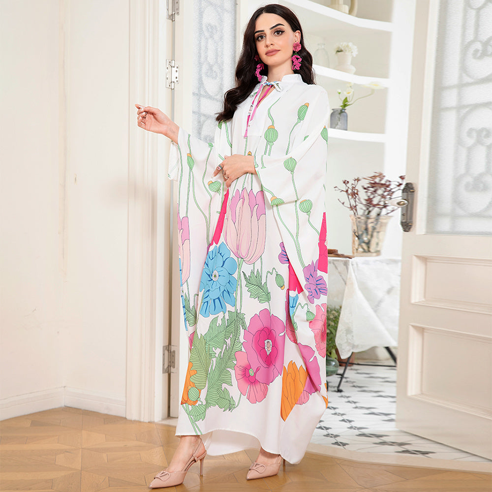 Holiday Style Sweet Round Neck Flowers Plant Raglan Sleeve Long Dresses White