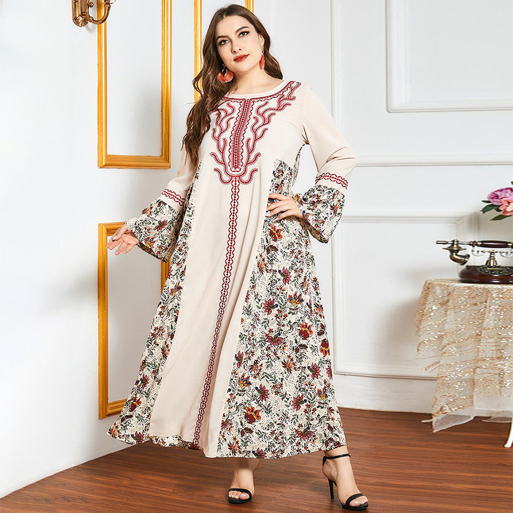 Female Sweet Round Neck Floral Loose Plus Size Dress