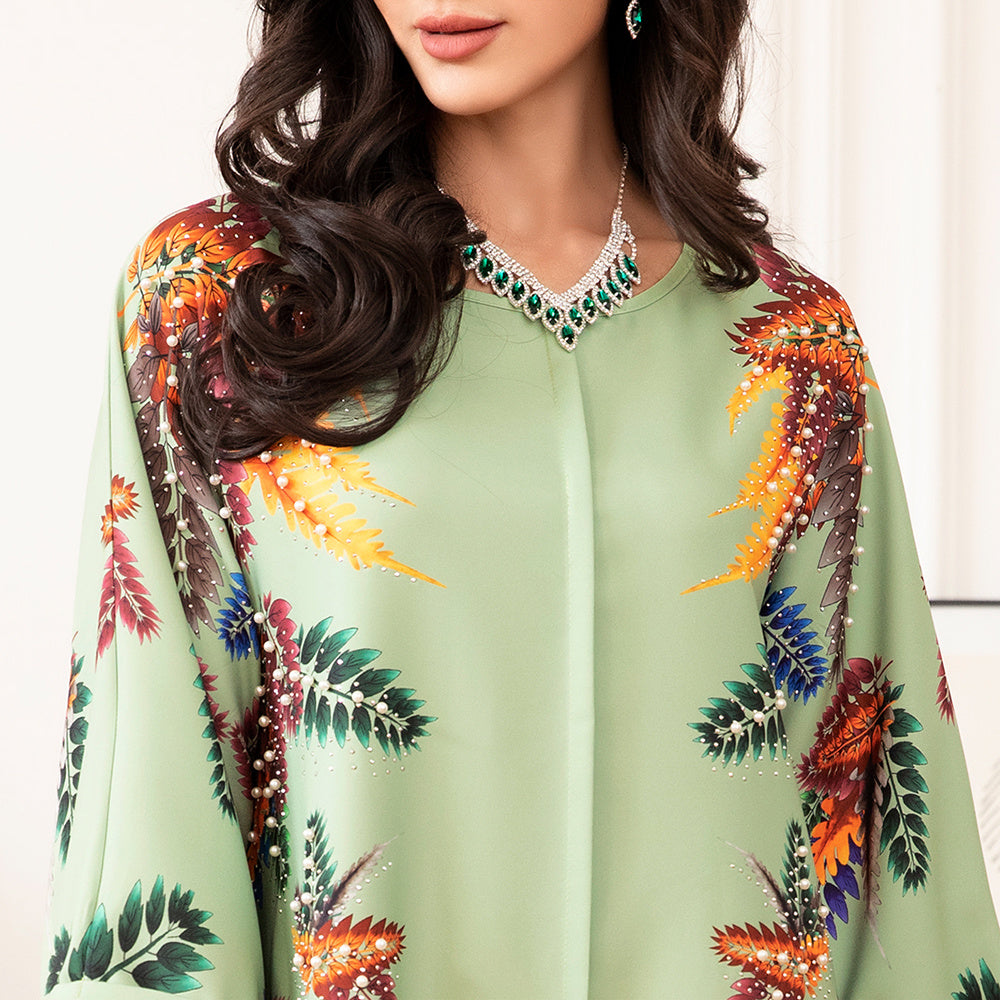 Elegant Style Holiday Style Round Neck Flowers Plant Bead Rhinestone Regular Sleeve Kaftan Light Green