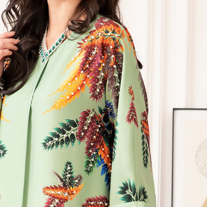 Elegant Style Holiday Style Round Neck Flowers Plant Bead Rhinestone Regular Sleeve Kaftan Light Green