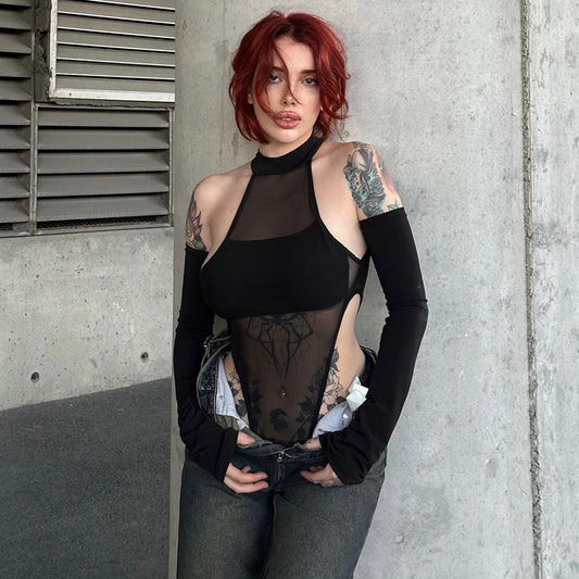 Long Sleeve Crotch Mesh Hollow High Elastic One-piece Women's Top
