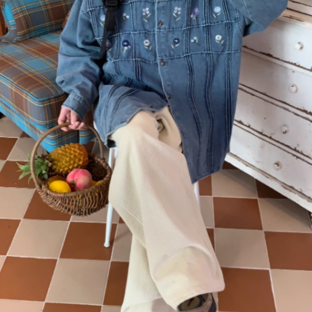Vintage Small Floral Pleated Washed Denim Long Sleeved Shirt