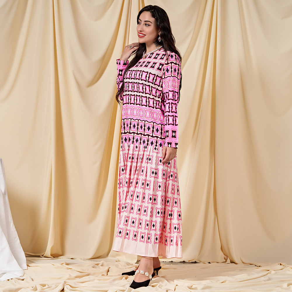 Sweet Round Neck Printing Pleated Regular Sleeve Long Dresses