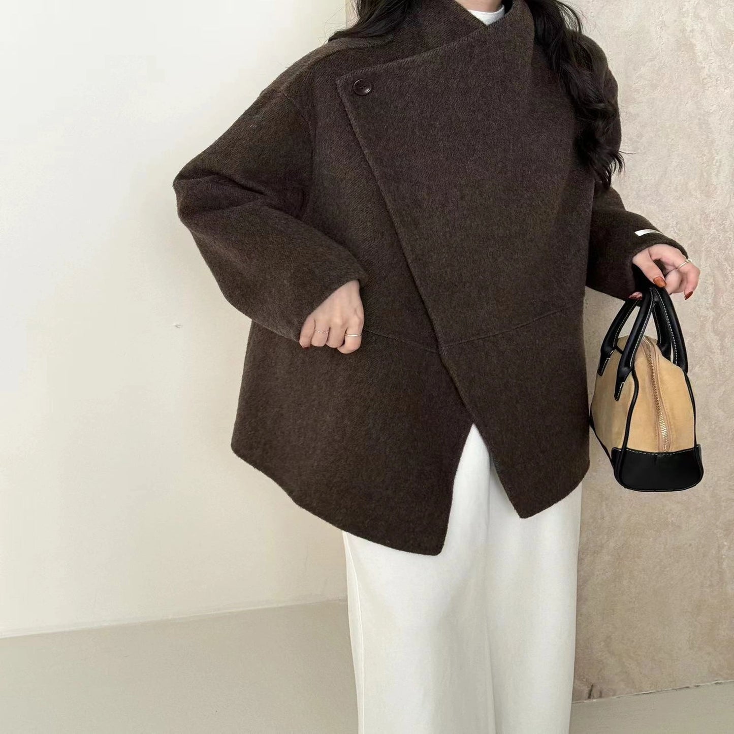 Large Lapel Solid Color One Button Drop-shoulder Sleeve Double-sided Wool Overcoat Coat