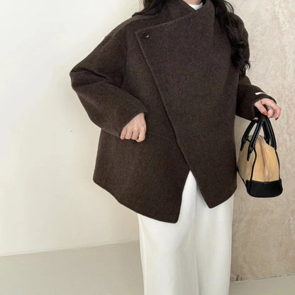 Large Lapel Solid Color One Button Drop-shoulder Sleeve Double-sided Wool Overcoat Coat