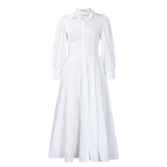 Women's Elegant Long Sleeve Big Hem Shirt Solid Color Dress
