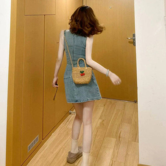 French Retro Women's Embroidered Denim Dress