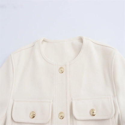 Temperament Crew Neck Long Sleeve Pocket Decorative Jacket Coat