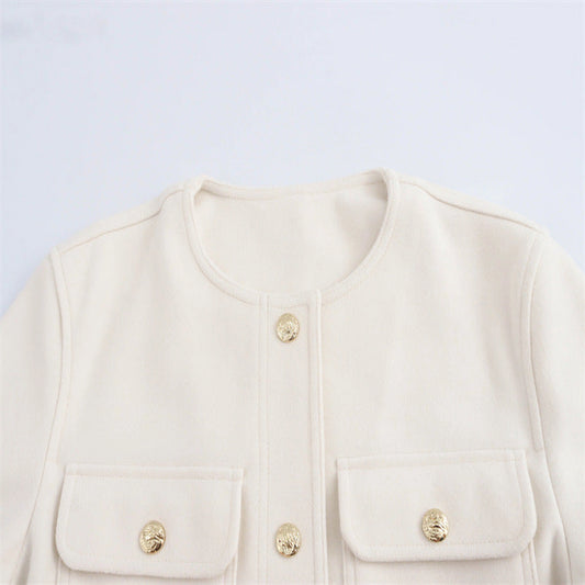 Temperament Crew Neck Long Sleeve Pocket Decorative Jacket Coat