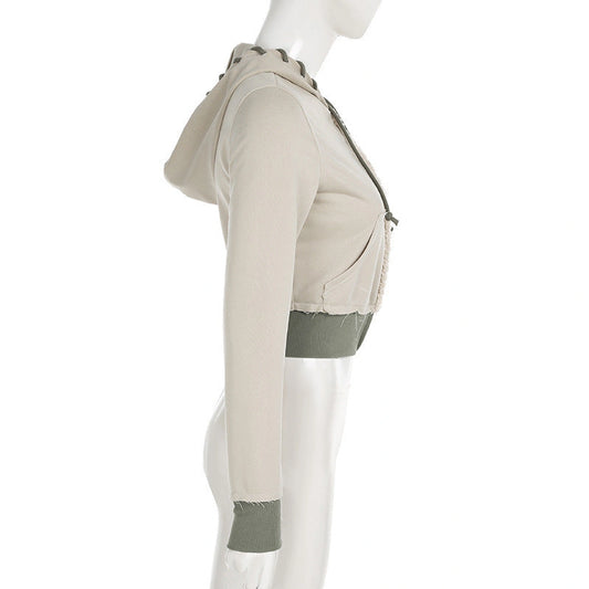 Women's Color-Blocked Zipper Long Sleeve Frayed Design & Pocket Drawstring Hooded Cropped Jacket Spring&Fashion Casual