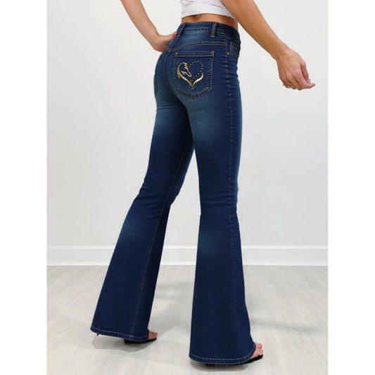 Women's High-Waist Fold-over Jeans, Wide-Leg Full-Length Jeans With An Embroidered Layered Waistband, Vintage-Wash Denim For All Seasons Forbidden Platform - Temu