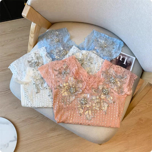 Exquisite Rhinestone Lace V-neck Knitted Women's Flounced Sleeve Top