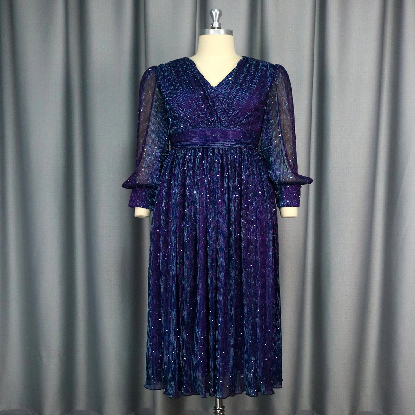 Sexy V-neck Sequined Long Sleeve Dress Purple Slim Fit