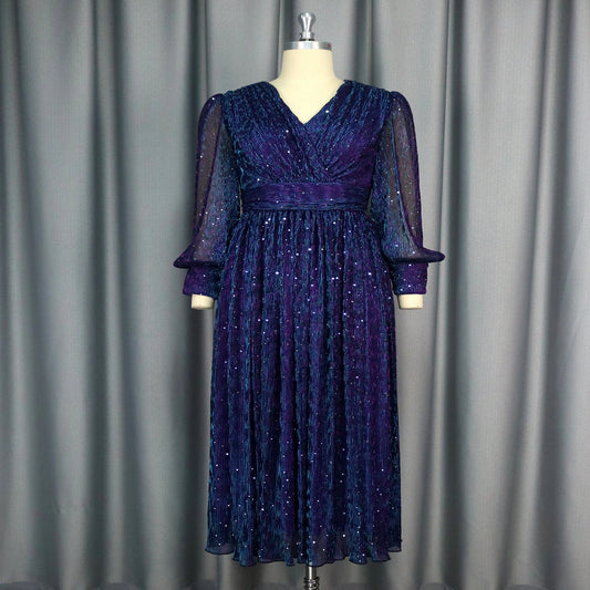Sexy V-neck Sequined Long Sleeve Dress Purple Slim Fit