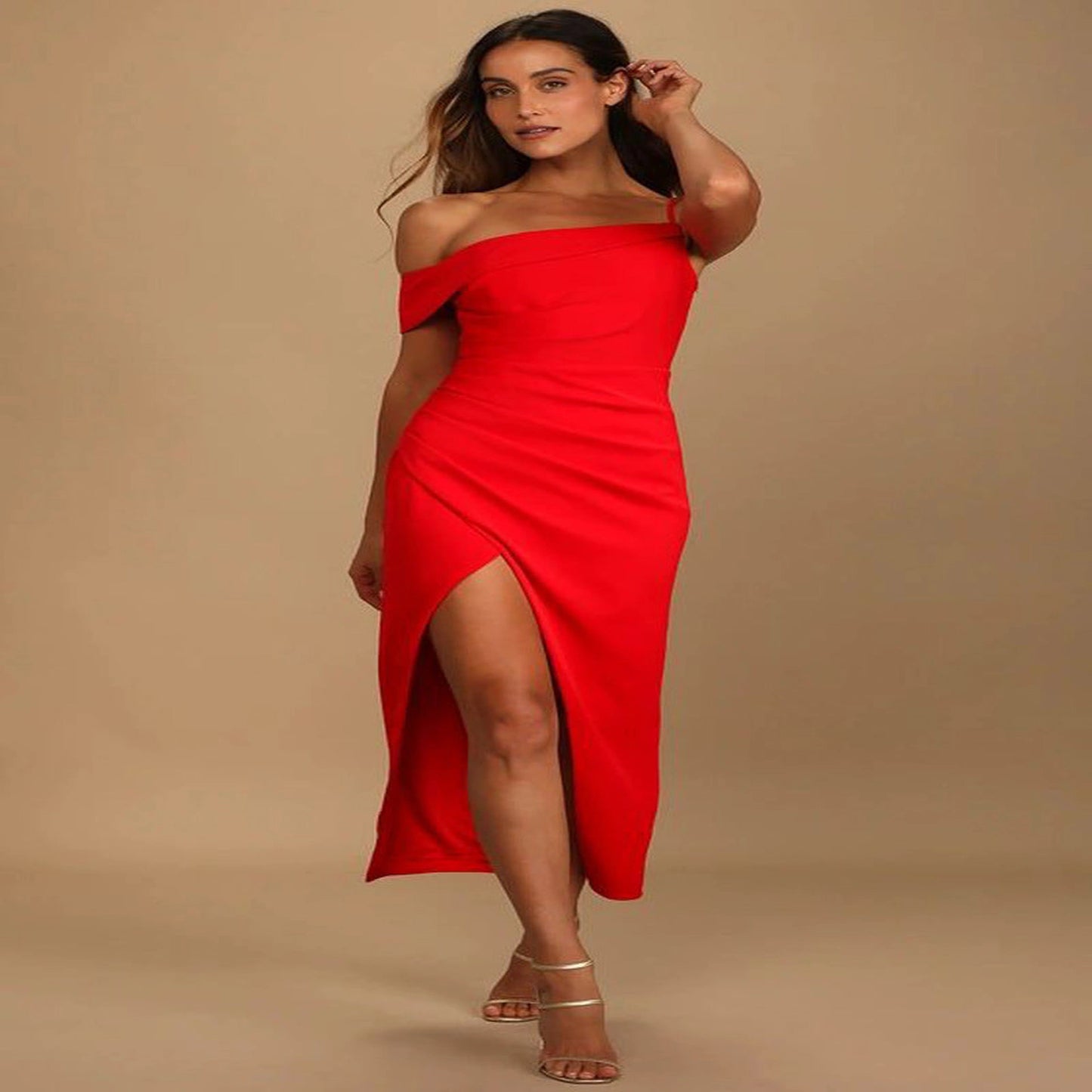 Hip-wrapped Off-shoulder Irregular Slit Dress Women