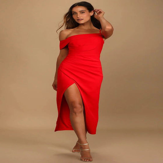 Hip-wrapped Off-shoulder Irregular Slit Dress Women