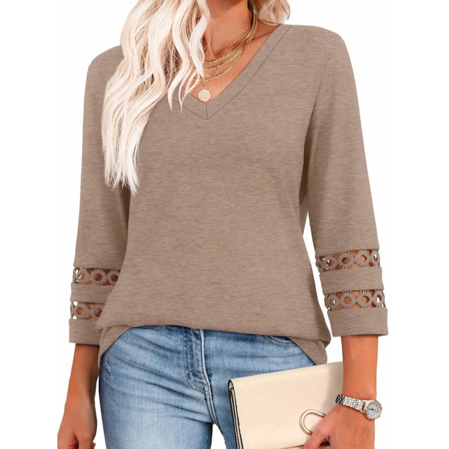 European And American Fashion Solid Color Loose V-neck 34 Sleeves Round Neck Hollowed Leisure Top