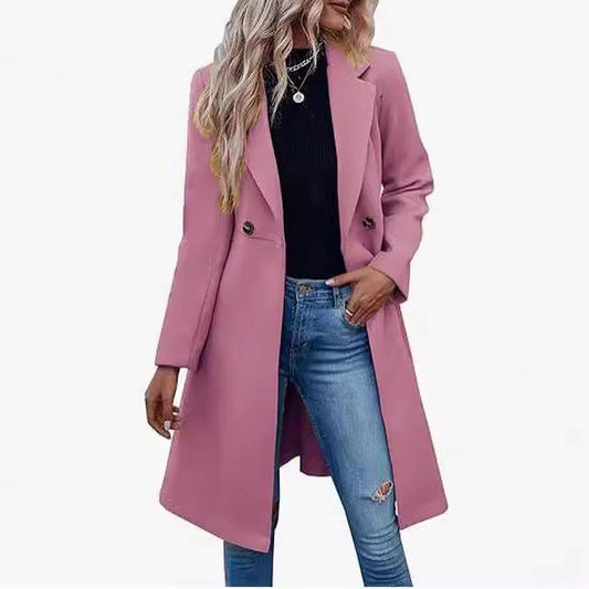 Long Woolen Women's Waist-controlled Lace-up Double Breasted Coat