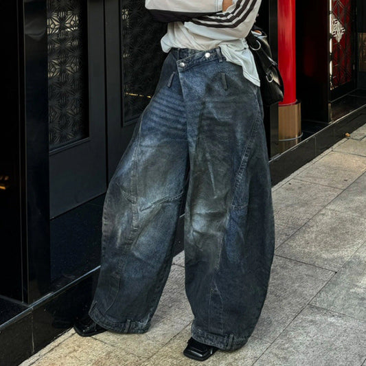 Retro Distressed Washed Reverse Waist Jeans