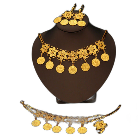 5pcs Fashionable Retro Personality Coin Flower Necklace, Bracelet, Earring Ring Women's Set, Wedding Jewelry, Banquet Gift Giving And Daily Wear