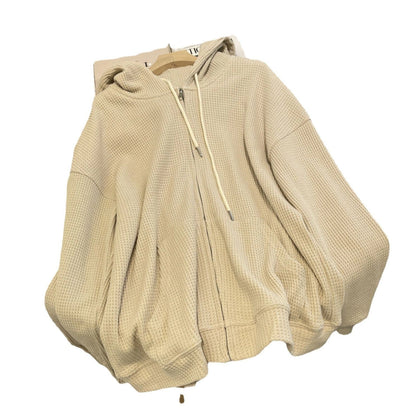 Waffle Hooded Women's Loose Slimming Zipper Cardigan