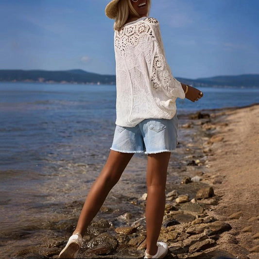 Women's V-Neck Button-Up Lace Cardigan Semi-Sheer Geometric Pattern Mid-Long Sleeve Lightweight Beach Spring&Summer Fashion