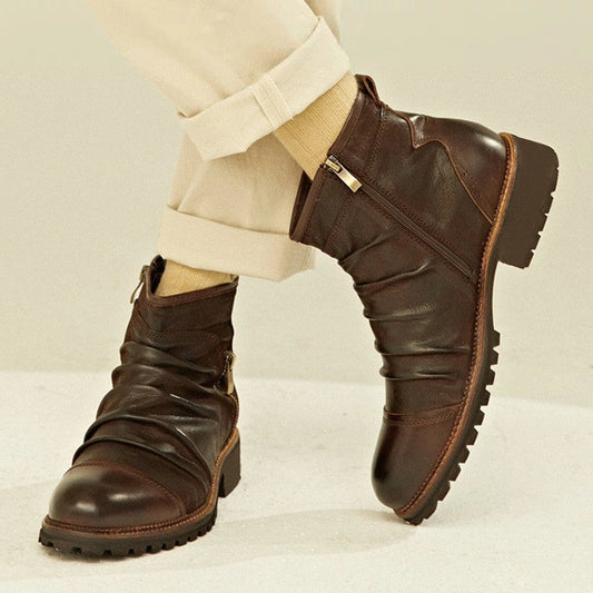 Retro Round Toe PU Leather Side Zipper Martin Chunky Heel Ankle Boots