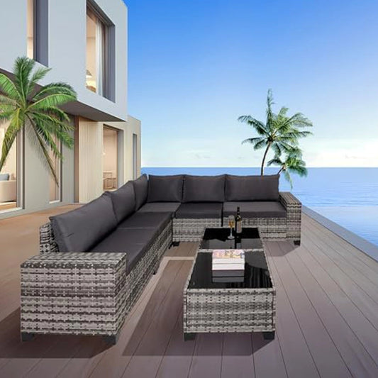 7-Piece Outdoor Patio Furniture Sets, All-Weather Wicker Rattan Sectional Sofa, Modern Two Glass Coffee Table And Washable Seat Cushion