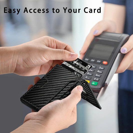 Men's Carbon Fiber RFID Blocking Bi-Fold Wallet With Pop-Up Aluminum Card Slot And AirTag Slot - Minimalist Black Credit Card Holder