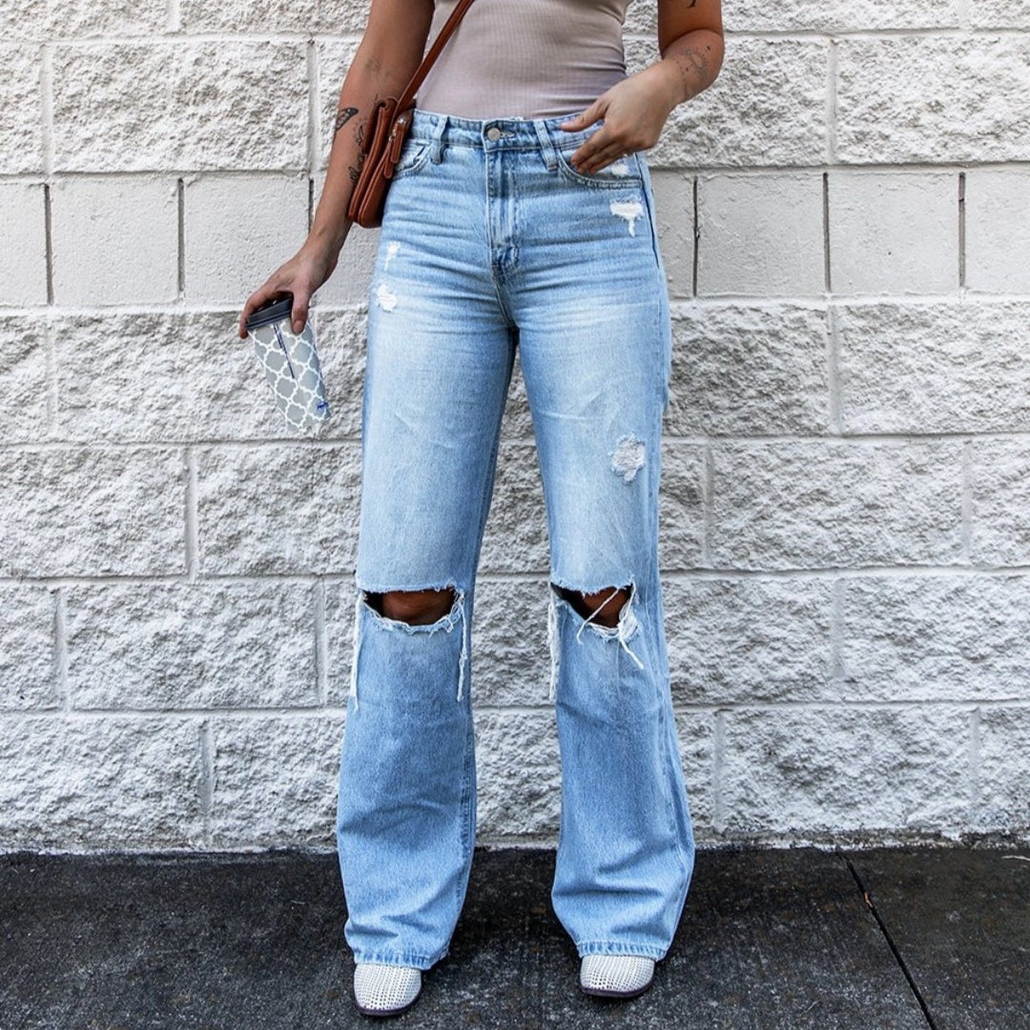 Women's Ripped High Waist Retro Slim Fit Denim Boot-cut Pants