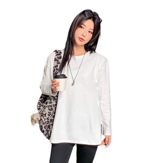 Curved Split Long Sleeve Simple Loose Plus Size Top