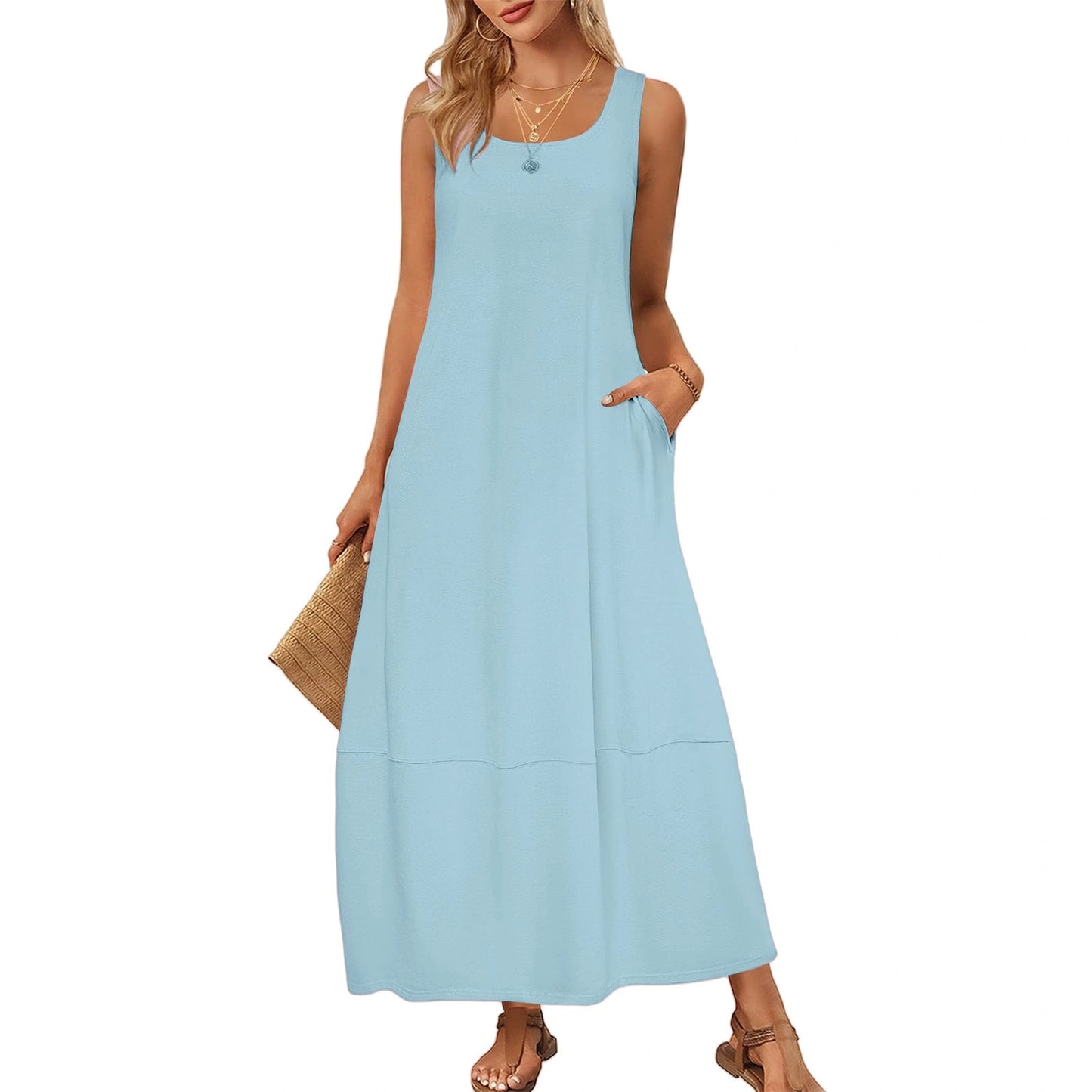 Solid Color Pocket Sleeveless Casual Holiday Dress