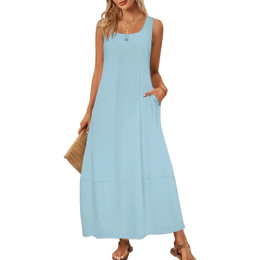 Solid Color Pocket Sleeveless Casual Holiday Dress