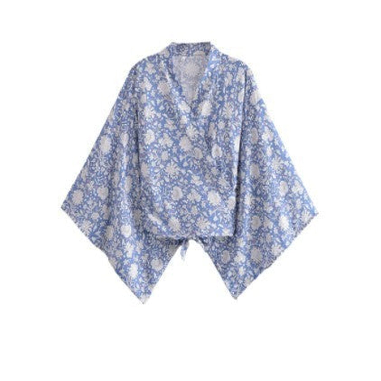Printed V-neck Batwing Sleeve Blouse