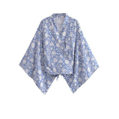 Printed V-neck Batwing Sleeve Blouse