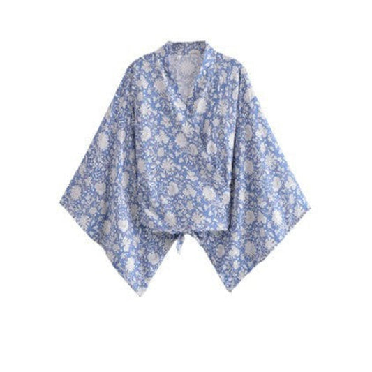 Printed V-neck Batwing Sleeve Blouse